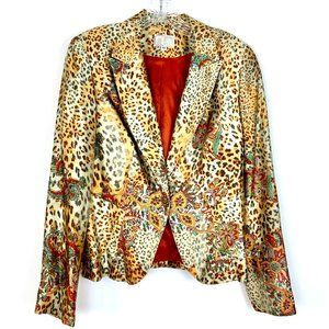 Aberto Makali Leopard and Floral Print 100% Silk Jacket Blazer Size 10